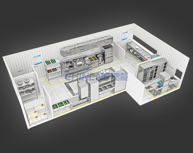 50-100Enterprise Canteen Kitchen 3D Rendering