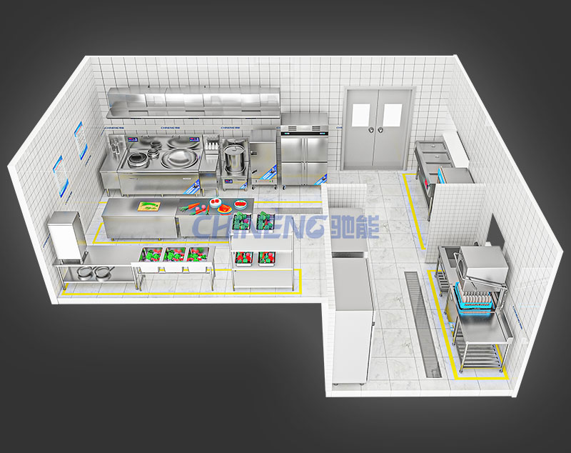 50-100Enterprise Canteen Kitchen 3D Rendering