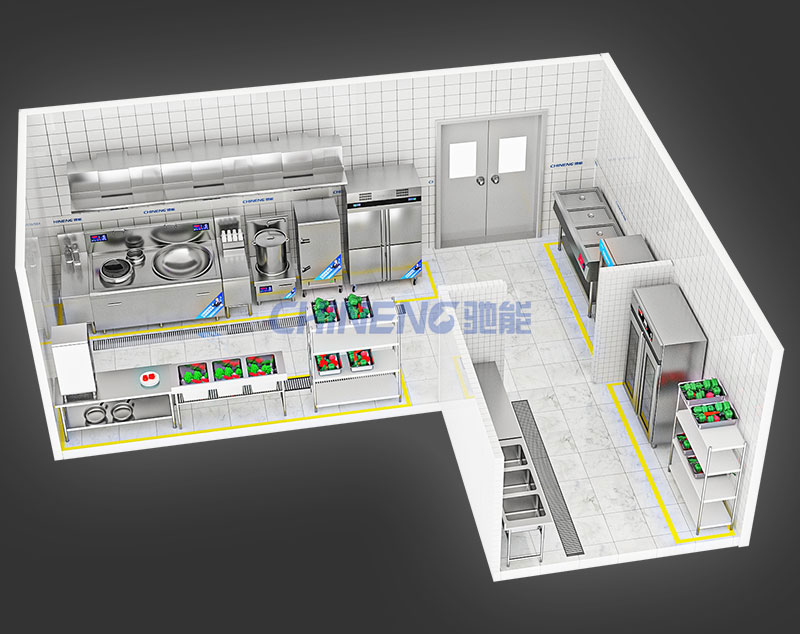 50-100Enterprise Canteen Kitchen 3D Rendering