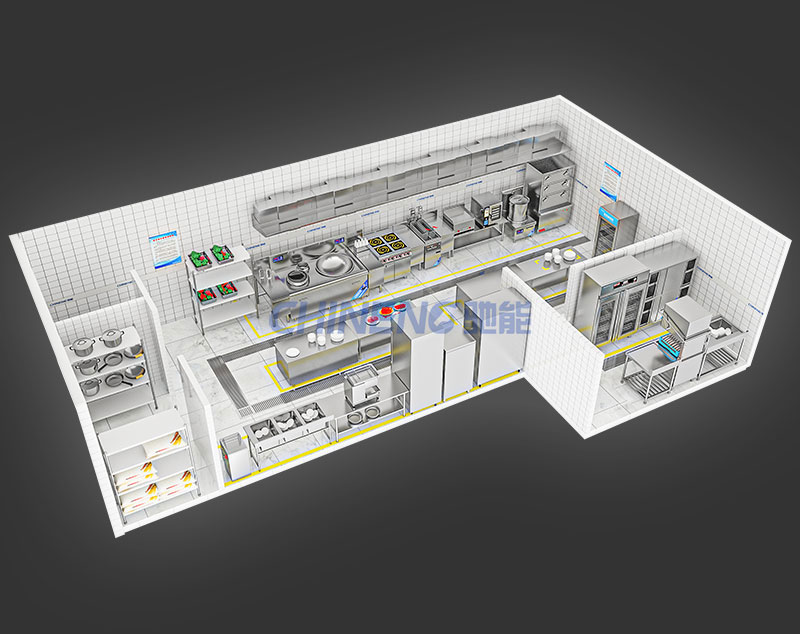 50-100Enterprise Canteen Kitchen 3D Rendering