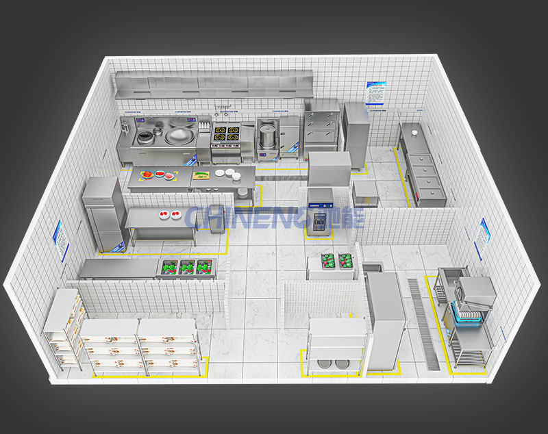 100-150Enterprise Canteen Kitchen 3D Rendering