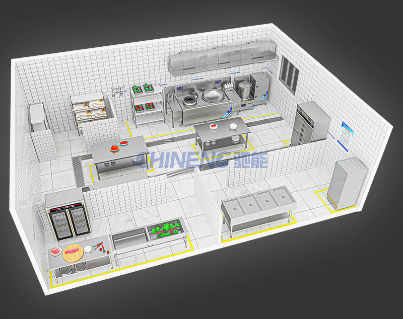 100-150Enterprise Canteen Kitchen 3D Rendering