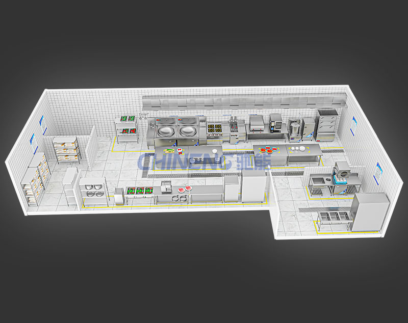 100-150Enterprise Canteen Kitchen 3D Rendering