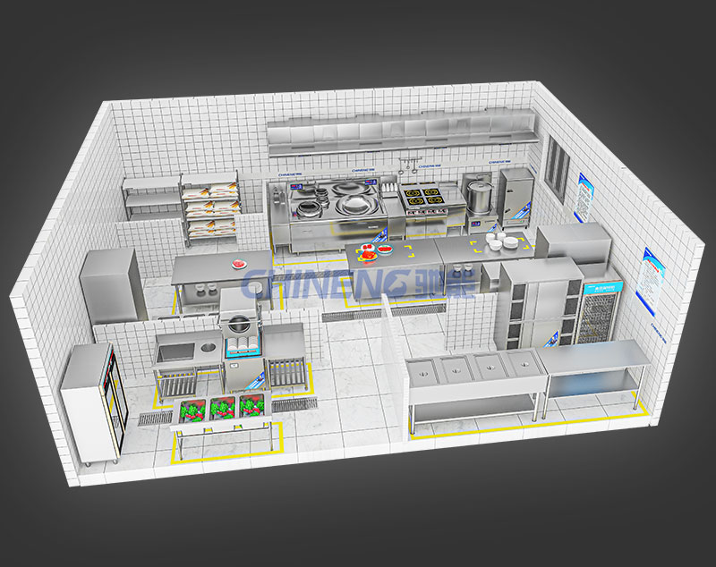 100-150Enterprise Canteen Kitchen 3D Rendering