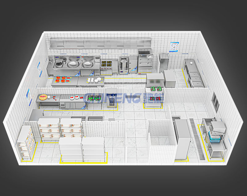 150-200Enterprise Canteen Kitchen 3D Rendering