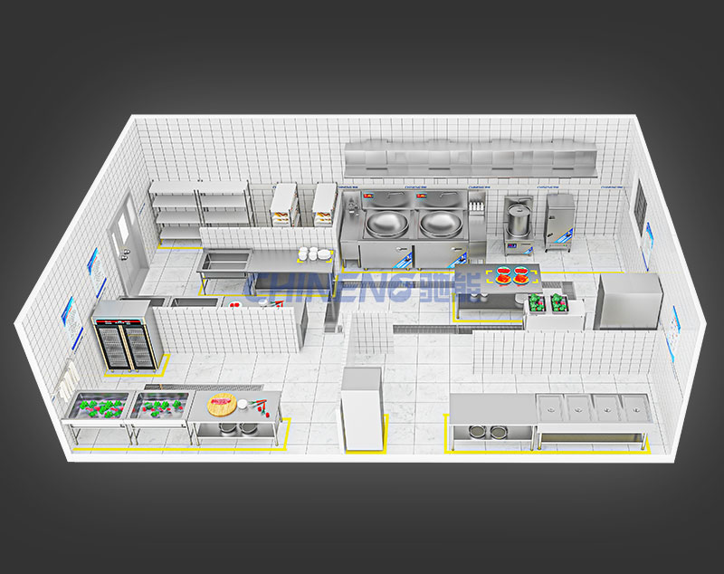 150-200Enterprise Canteen Kitchen 3D Rendering