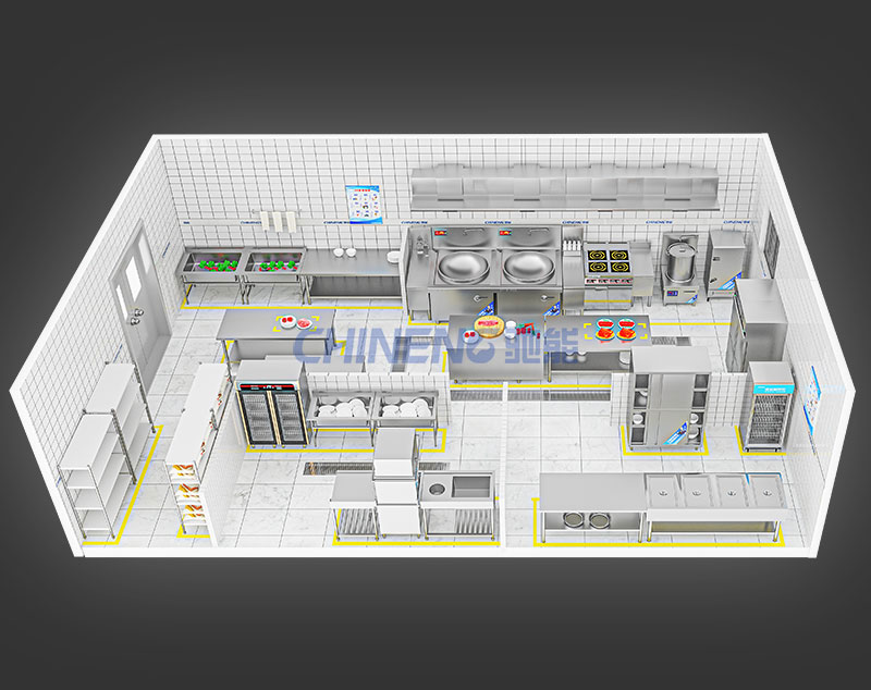 150-200Enterprise Canteen Kitchen 3D Rendering
